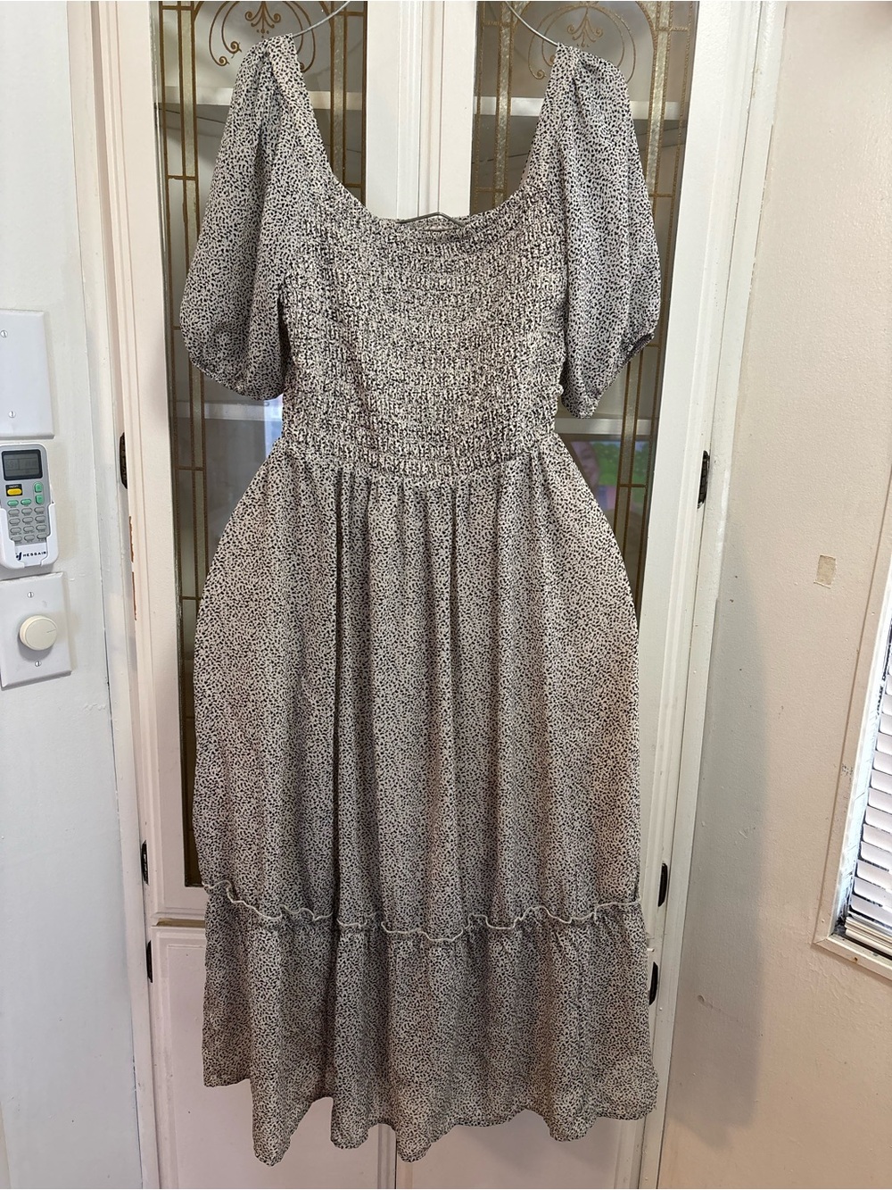Sienna Sky Smocked Square-Neck Midi Dress in Light Taupe Print - Picture 3 of 7